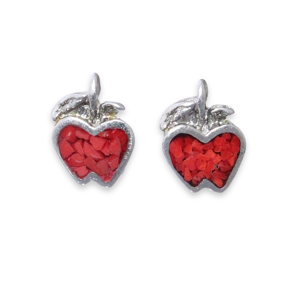 Vintage Coral Apple Stud Earrings Silver Tone with Crushed Red Coral Chip Inlay